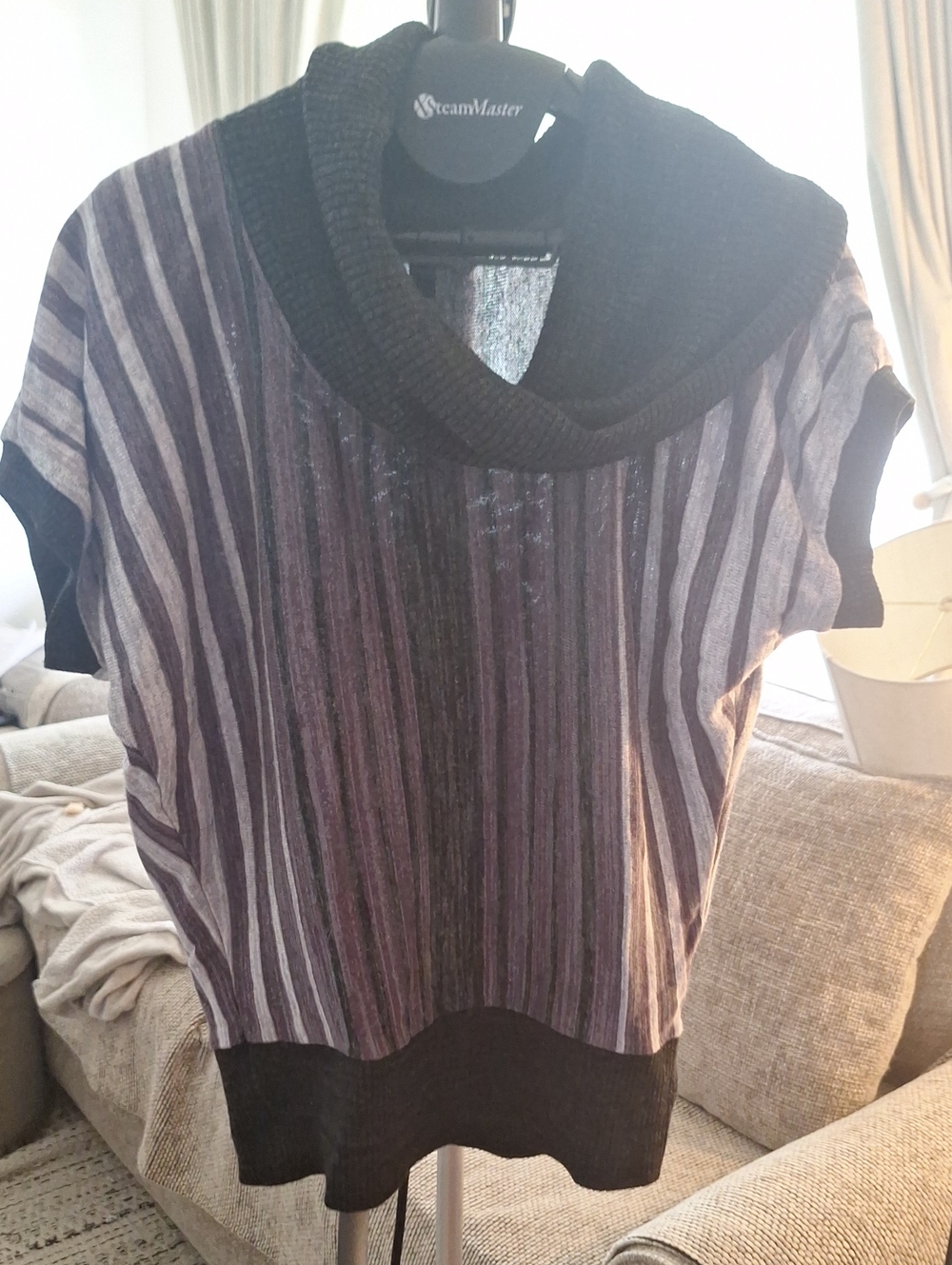 A. Byer Black and Purple Striped Cowl Neck Short-Sleeve Sweater